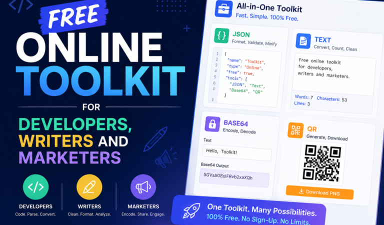 Free Online Toolkit for Developers, Writers and Marketers (JSON, Text, Base64 & QR)
